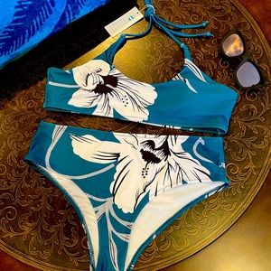 Floral Print Halter Neck High Waiste Bikini Swimsuit sz XL Teal Green and White